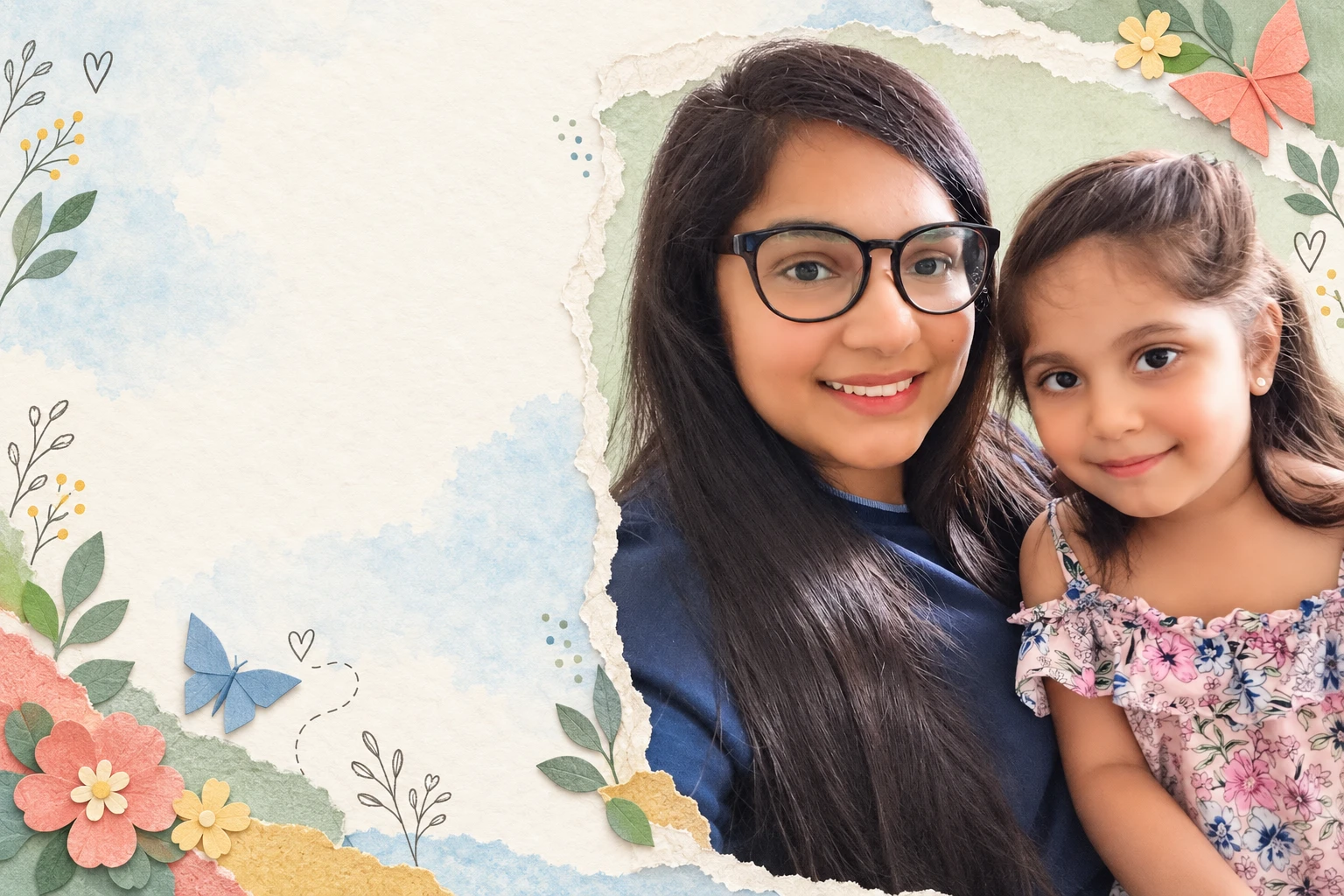 Rabia and Zara, pictured together in a paper craft collage